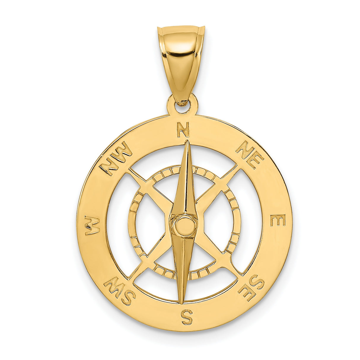 14k Yellow Gold Compass Pendant with Nautical Travel Theme and Directional Design