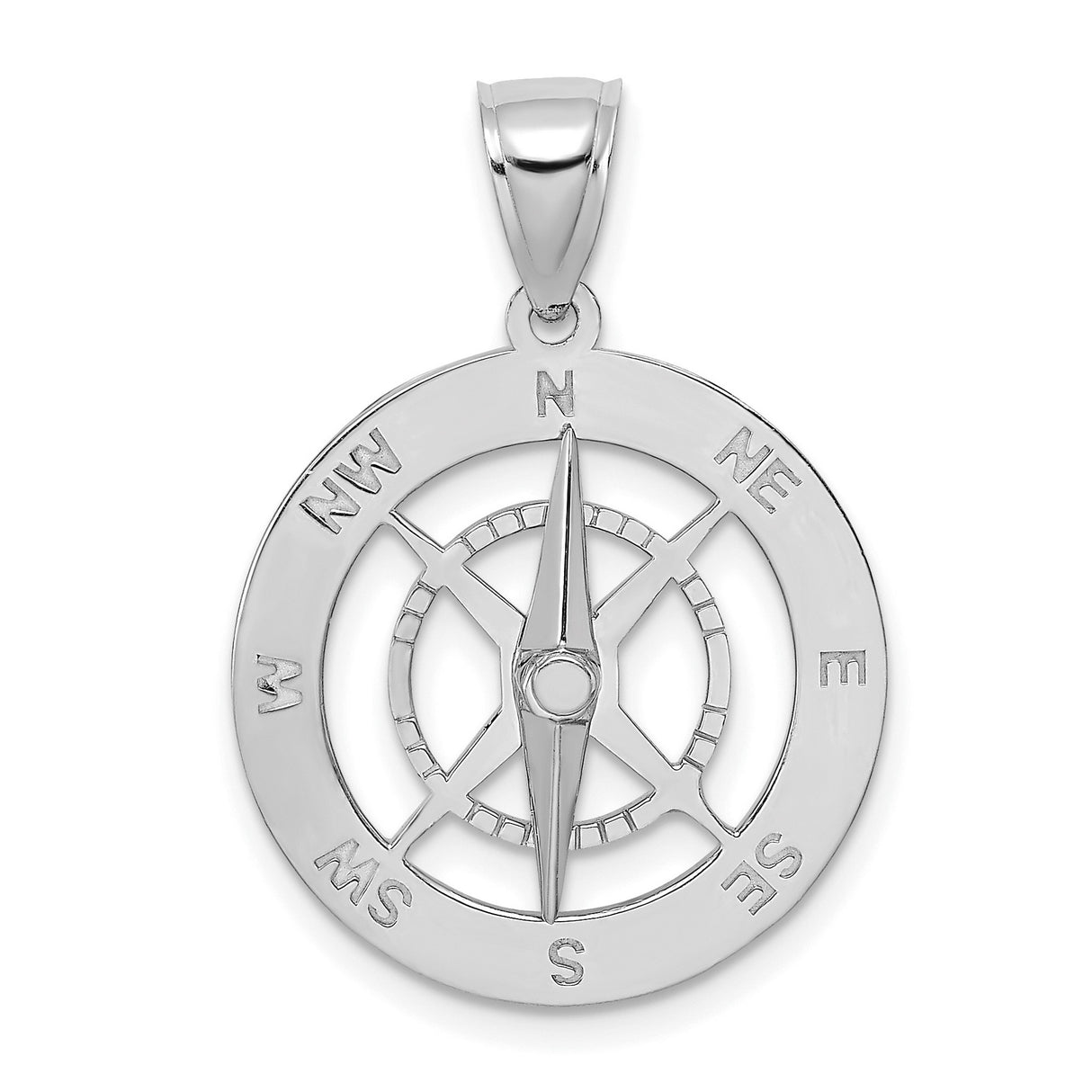 14k White Gold Compass Pendant with North South East West Letters, Nautical Travel Charm