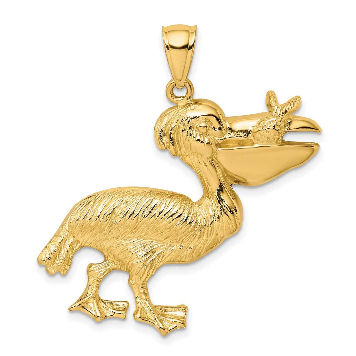 14k Yellow Gold Pelican Pendant with Fish Beak Detail, Nautical Coastal Bird Charm