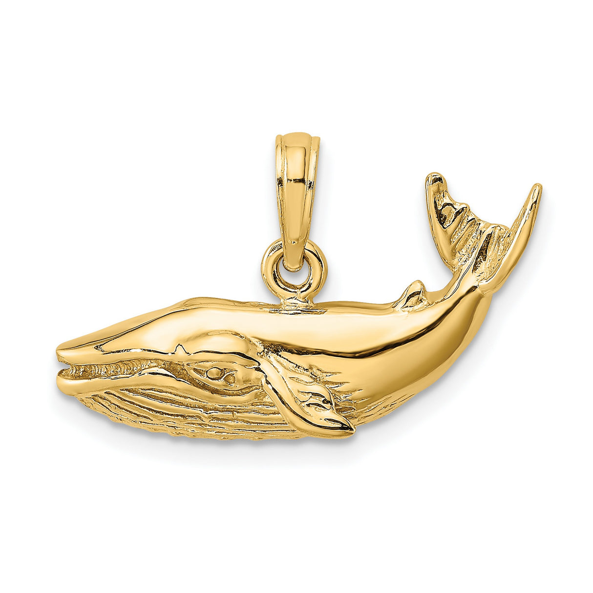 14k Yellow Gold Whale Pendant with Raised Tail, Humpback Whale Design