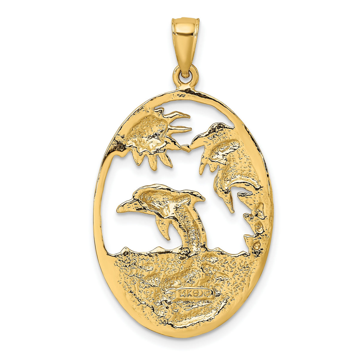 14k Yellow Gold Dolphin Ocean Scene Pendant with Sun and Palm Tree