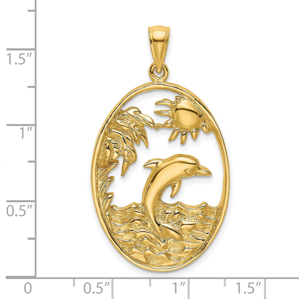 14k Yellow Gold Dolphin Ocean Scene Pendant with Sun and Palm Tree