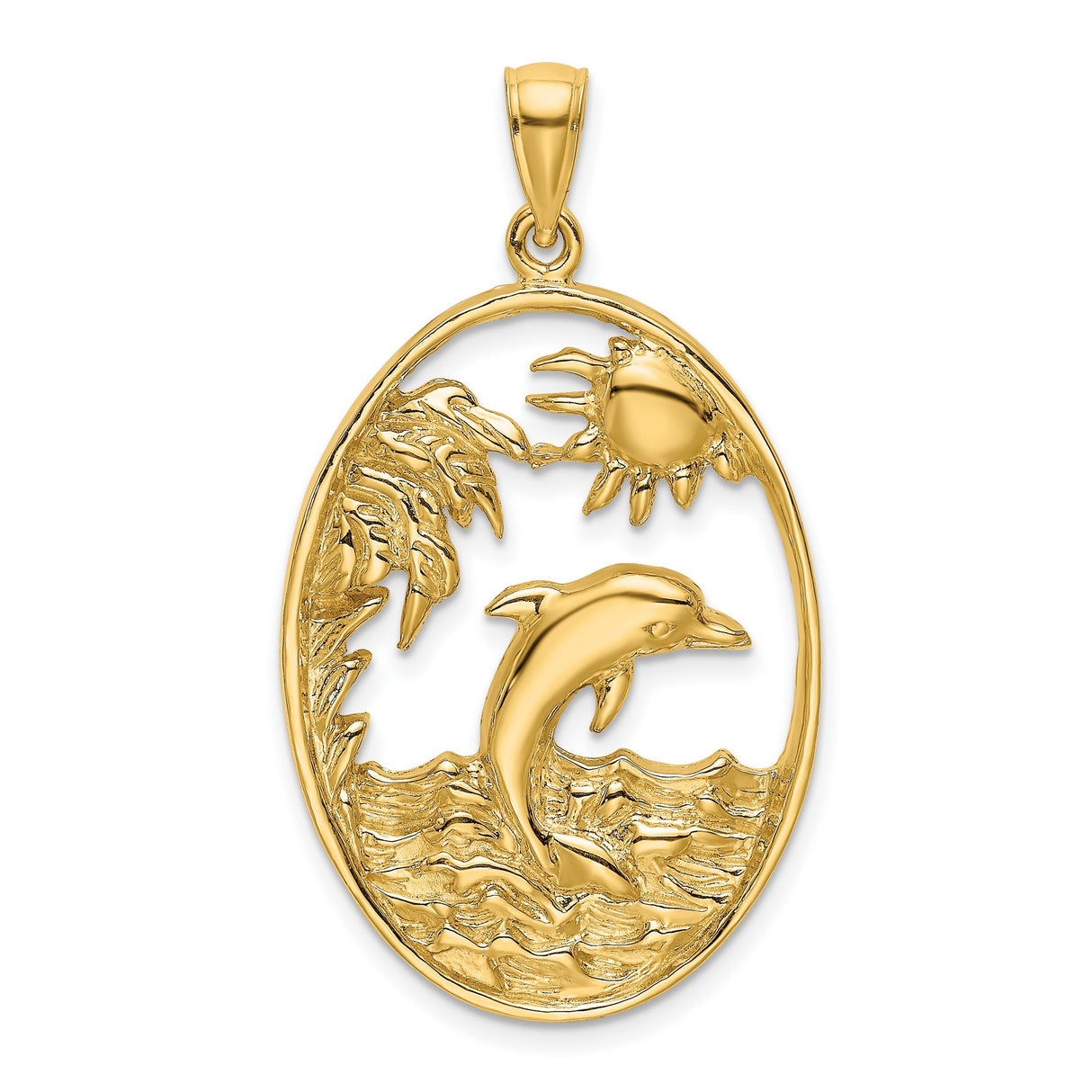 14k Yellow Gold Dolphin Ocean Scene Pendant with Sun and Palm Tree