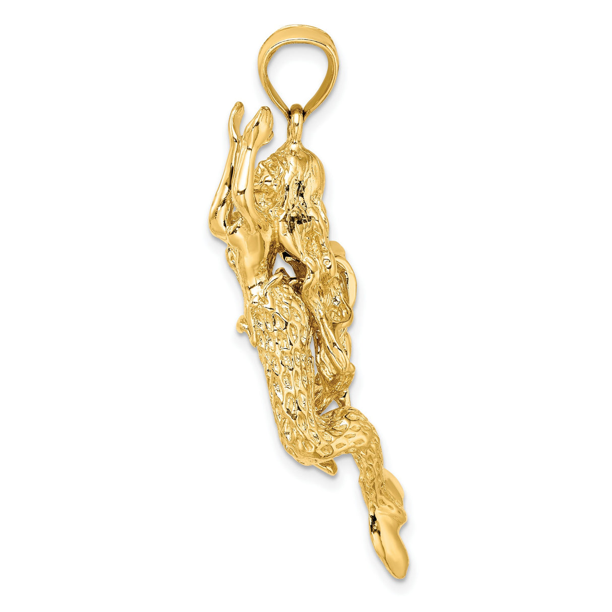 14k Yellow Gold Mermaid Pendant with Flowing Hair and Textured Tail, Ocean Inspired Charm