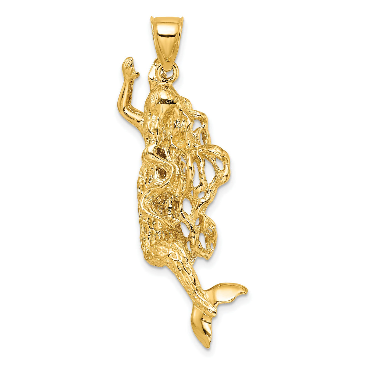 14k Yellow Gold Mermaid Pendant with Flowing Hair and Textured Tail, Ocean Inspired Charm