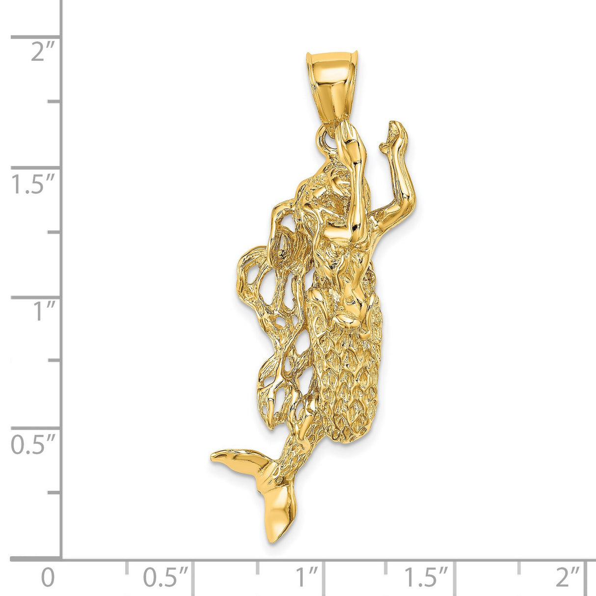 14k Yellow Gold Mermaid Pendant with Flowing Hair and Textured Tail, Ocean Inspired Charm