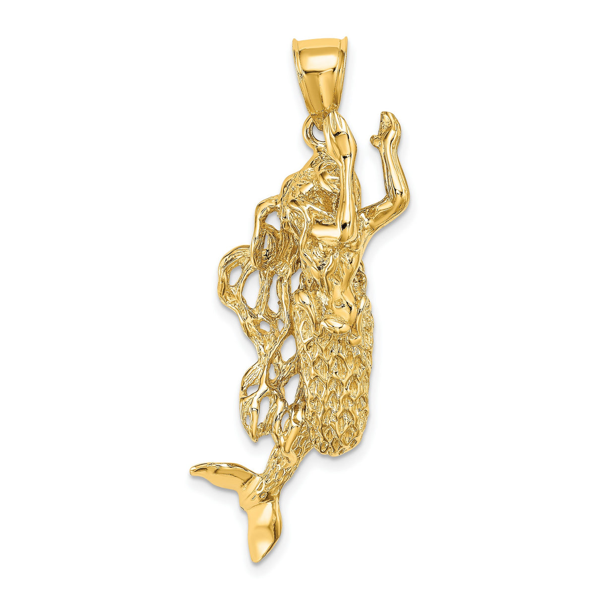 14k Yellow Gold Mermaid Pendant with Flowing Hair and Textured Tail, Ocean Inspired Charm