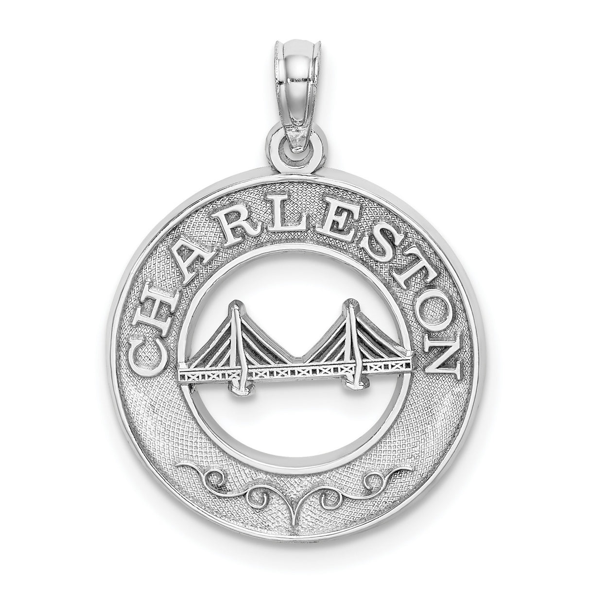 14k White Gold Charleston Pendant with Bridge Design and Scrollwork Accents