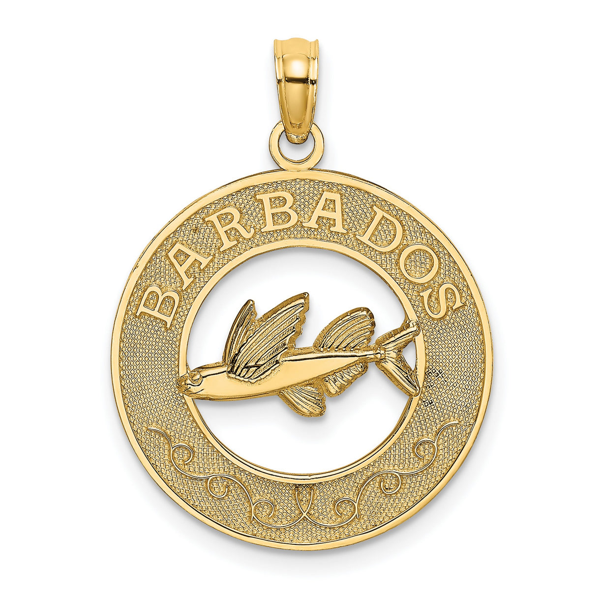 14k Yellow Gold Barbados Flying Fish Pendant, Round Island Charm, Caribbean Heritage Jewelry