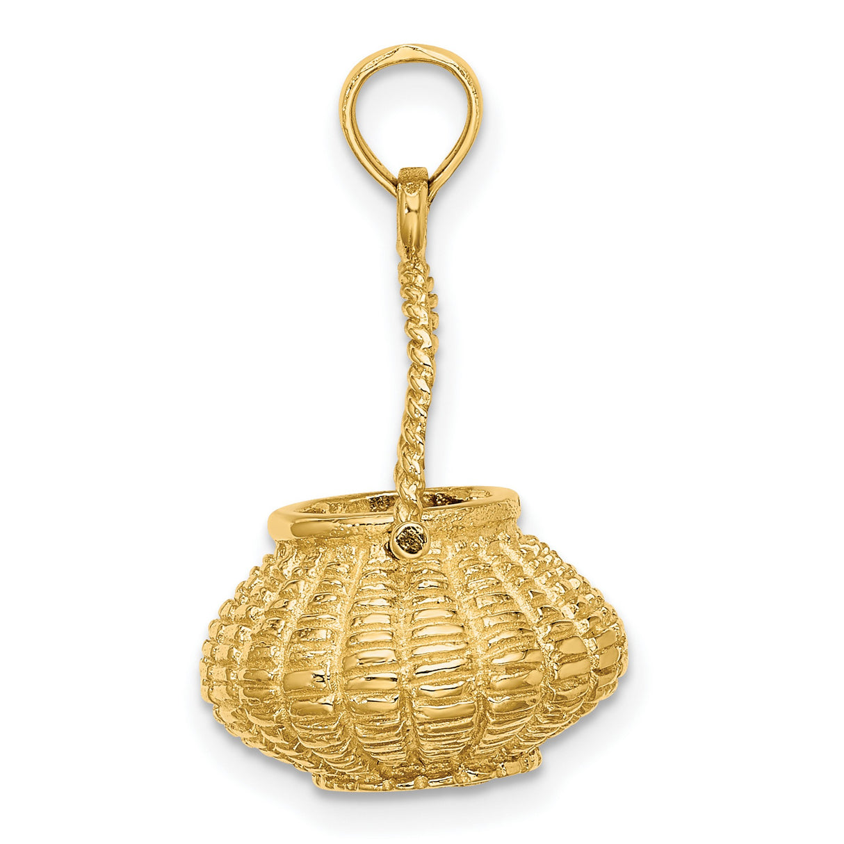 14k Yellow Gold Basket Pendant Charm with Woven Texture and Curved Handle