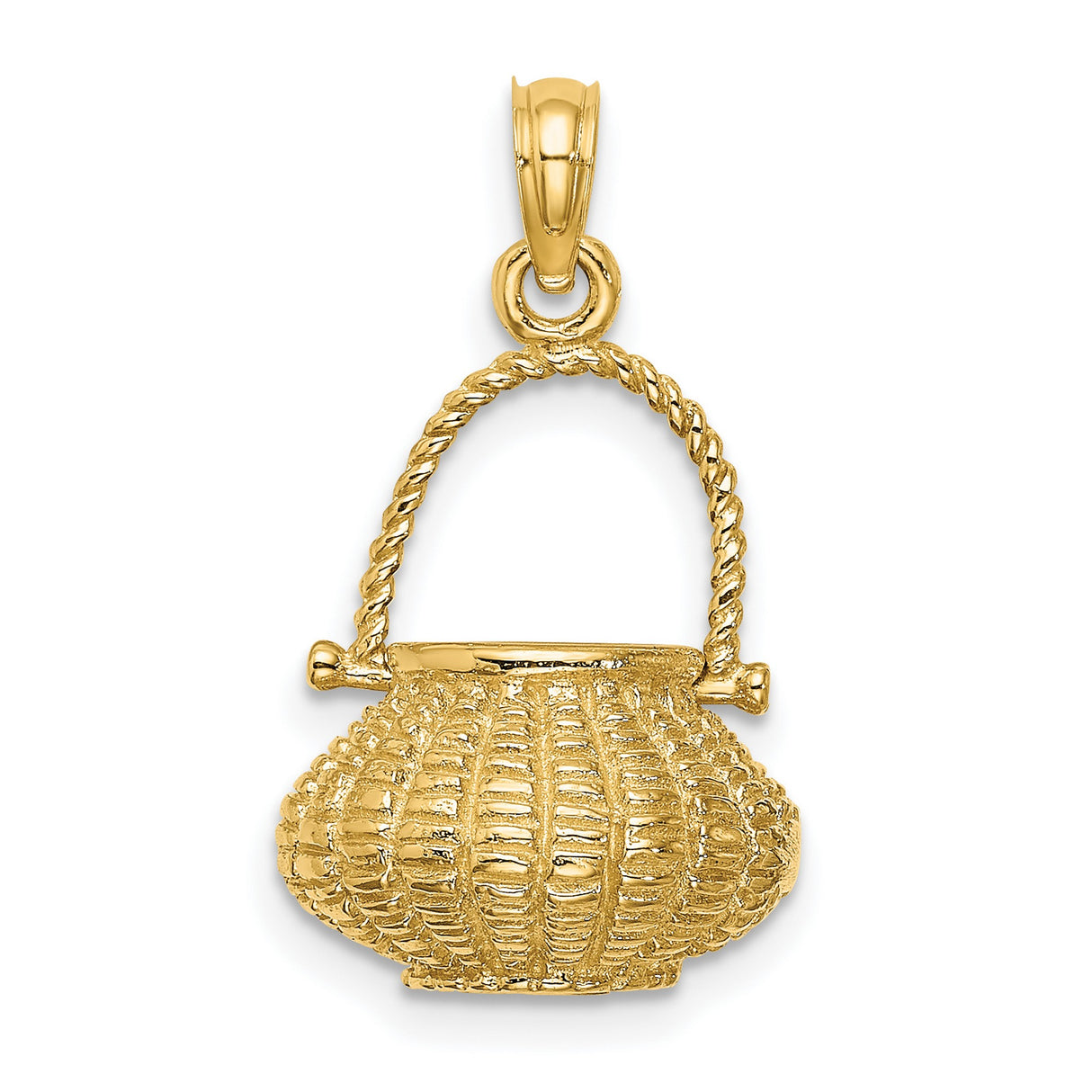 14k Yellow Gold Basket Pendant Charm with Woven Texture and Curved Handle