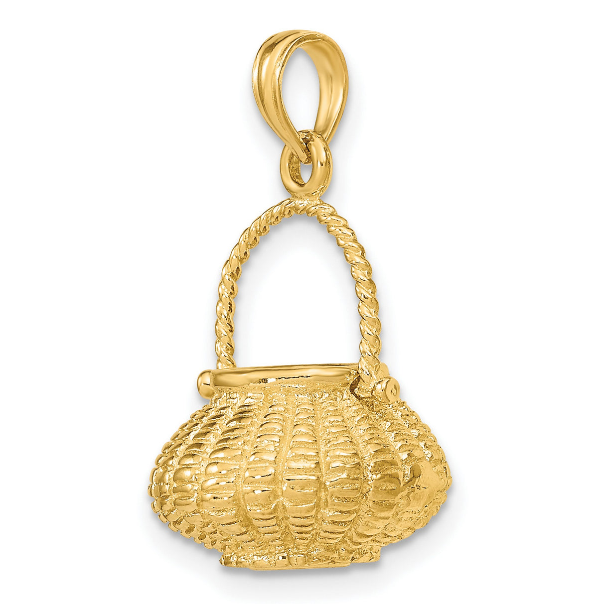 14k Yellow Gold Basket Pendant Charm with Woven Texture and Curved Handle