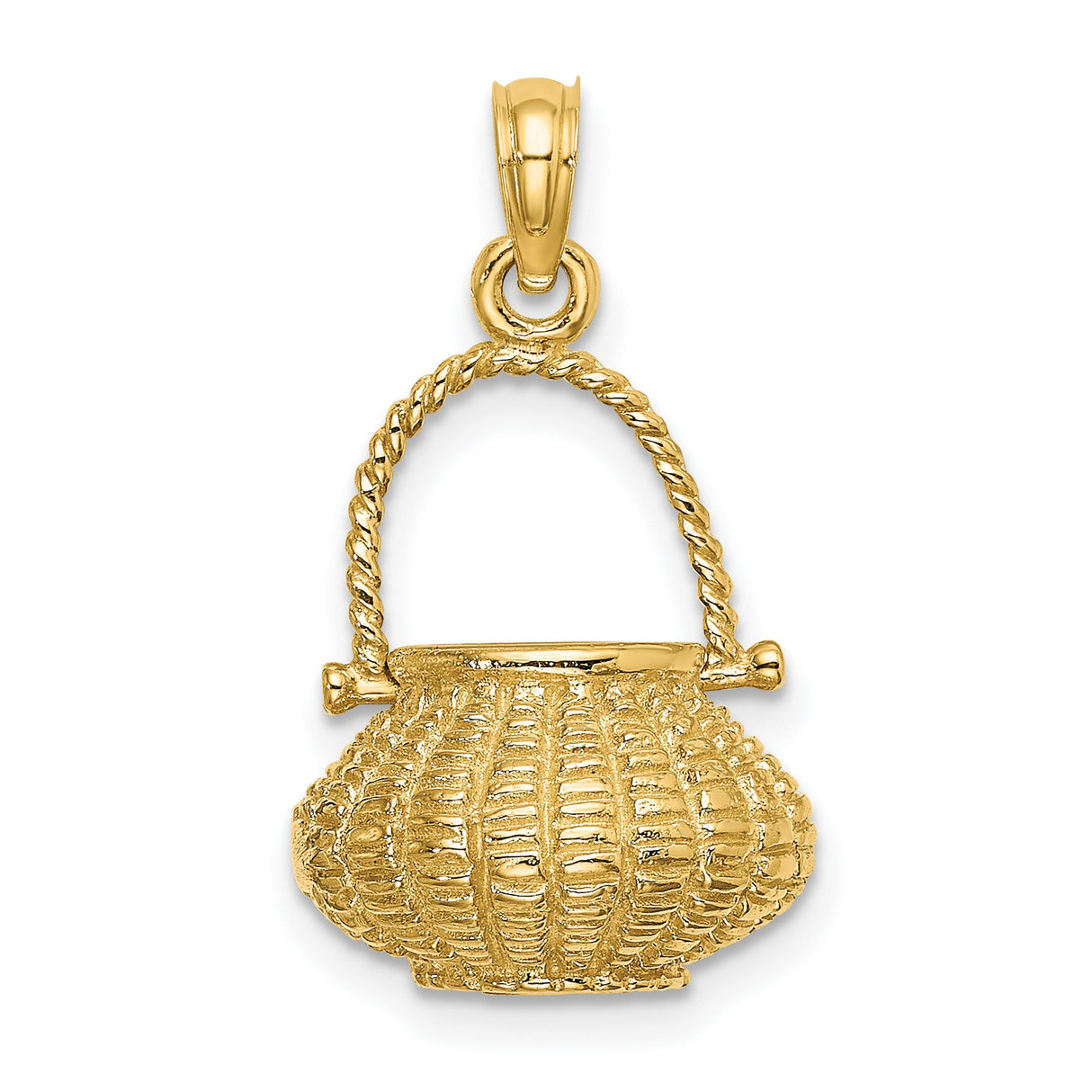 14k Yellow Gold Basket Pendant Charm with Woven Texture and Curved Handle