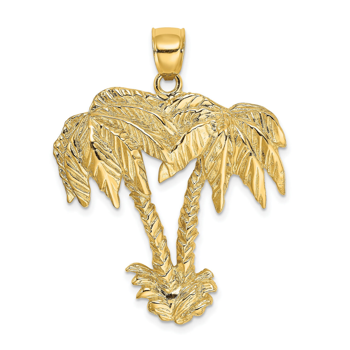 14k Yellow Gold Double Palm Tree Pendant, Tropical Beach Charm for Men and Women