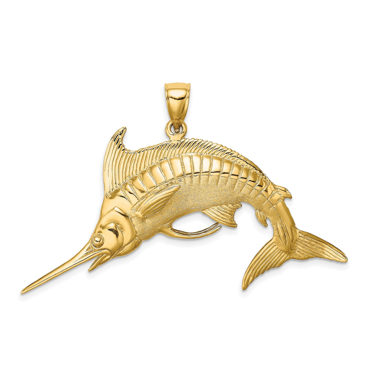 14k Yellow Gold Marlin Pendant with Detailed Fins and Textured Body, Nautical Fishing Jewelry