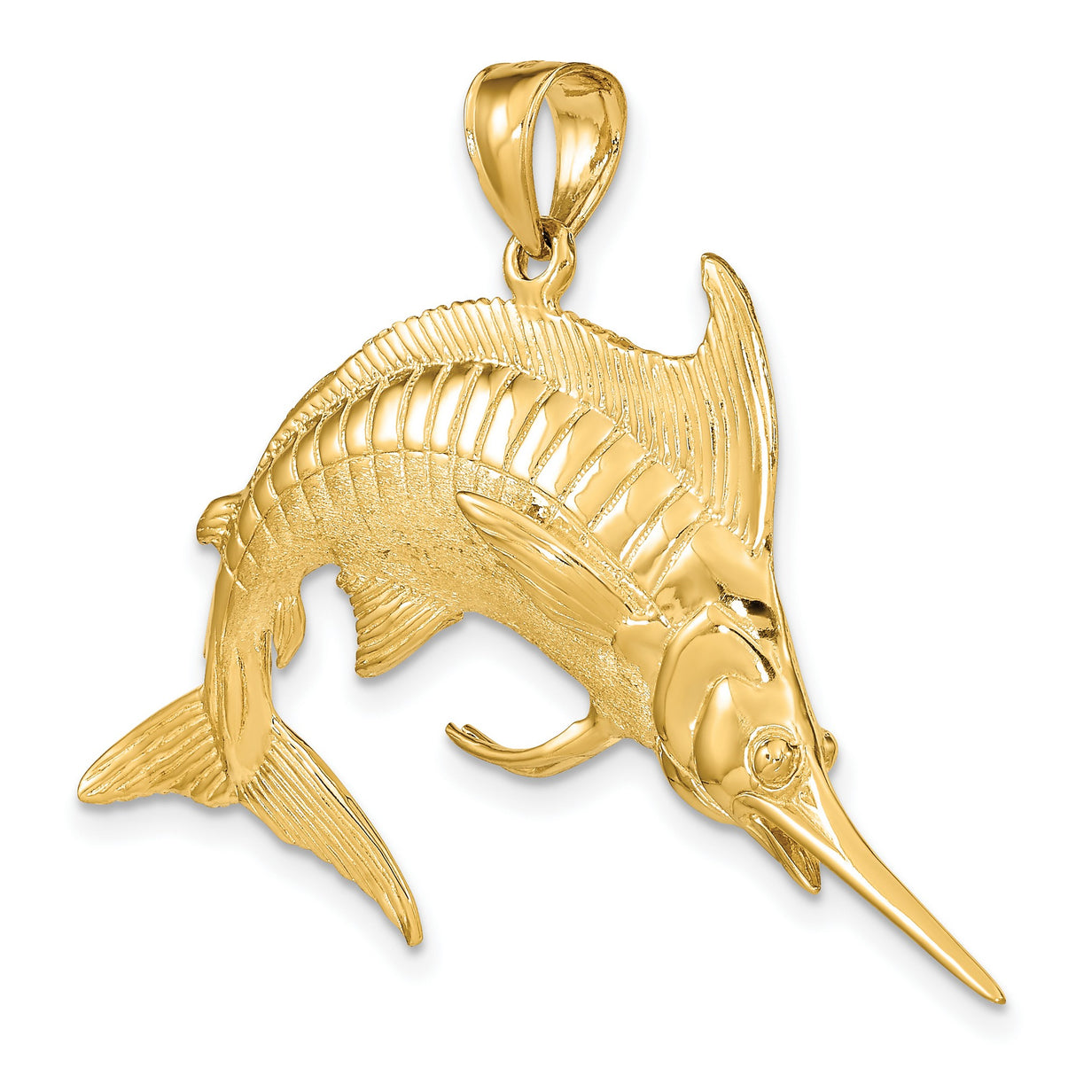 14k Yellow Gold Marlin Pendant with Detailed Fins and Textured Body, Nautical Fishing Jewelry