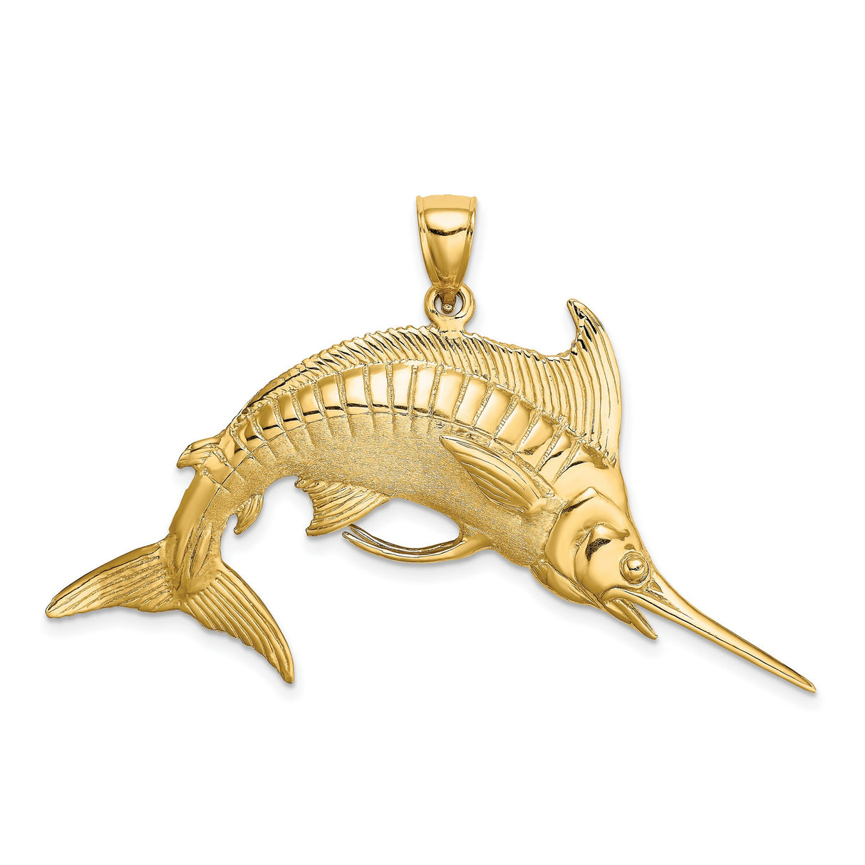 14k Yellow Gold Marlin Pendant with Detailed Fins and Textured Body, Nautical Fishing Jewelry