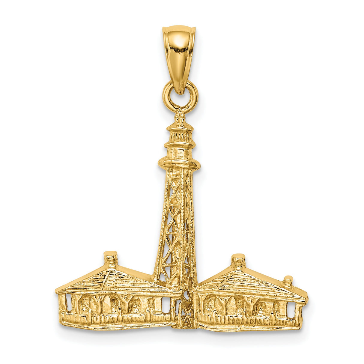 14k Yellow Gold Lighthouse Pendant with Coastal Cottage and Maritime Design
