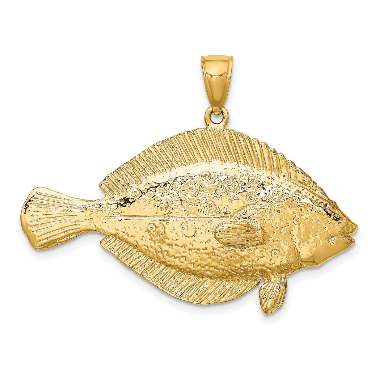 14k Yellow Gold Flounder Fish Pendant, Textured Nautical Sea Creature Charm for Men or Unisex