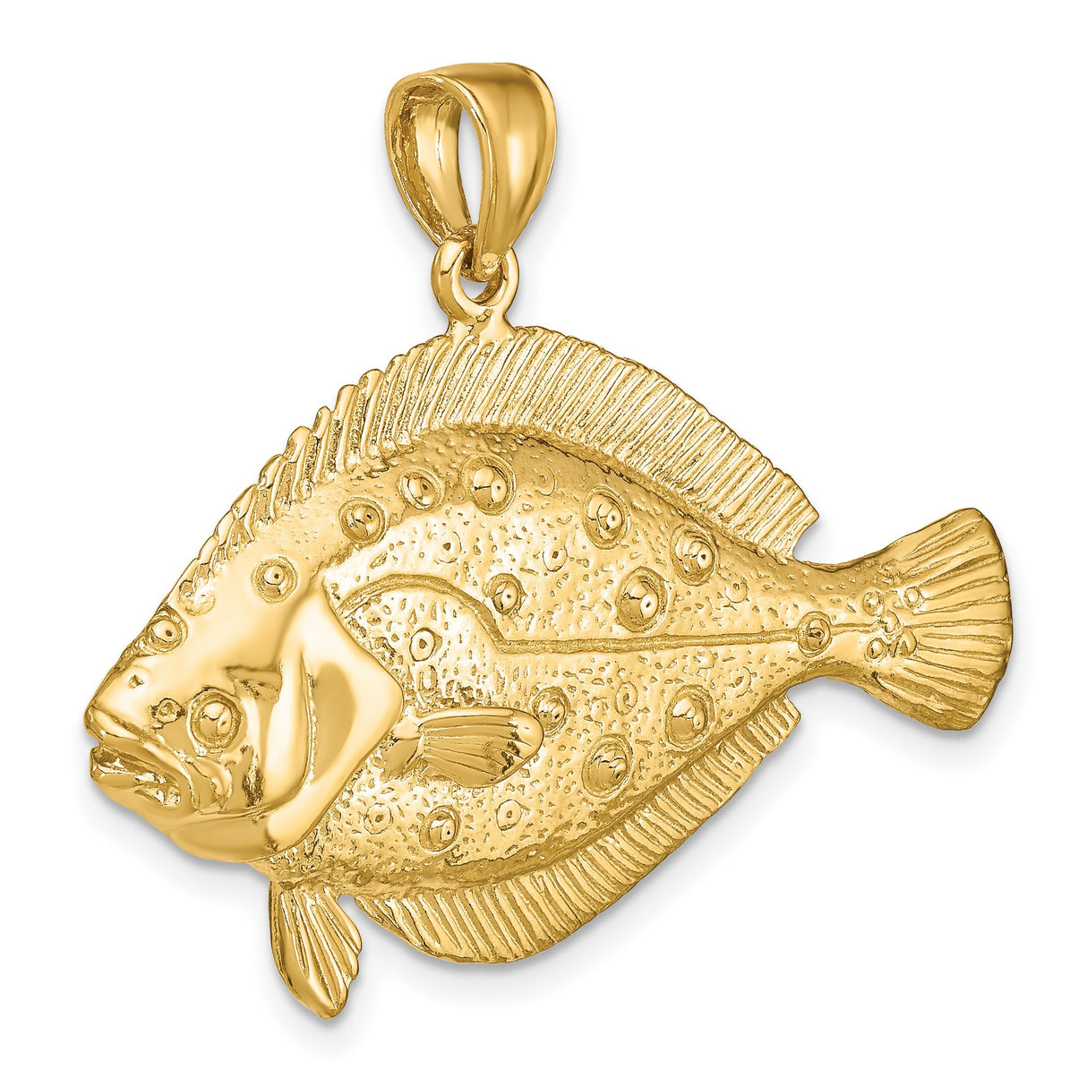14k Yellow Gold Flounder Fish Pendant, Textured Nautical Sea Creature Charm for Men or Unisex
