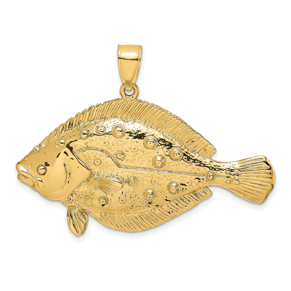 14k Yellow Gold Flounder Fish Pendant, Textured Nautical Sea Creature Charm for Men or Unisex