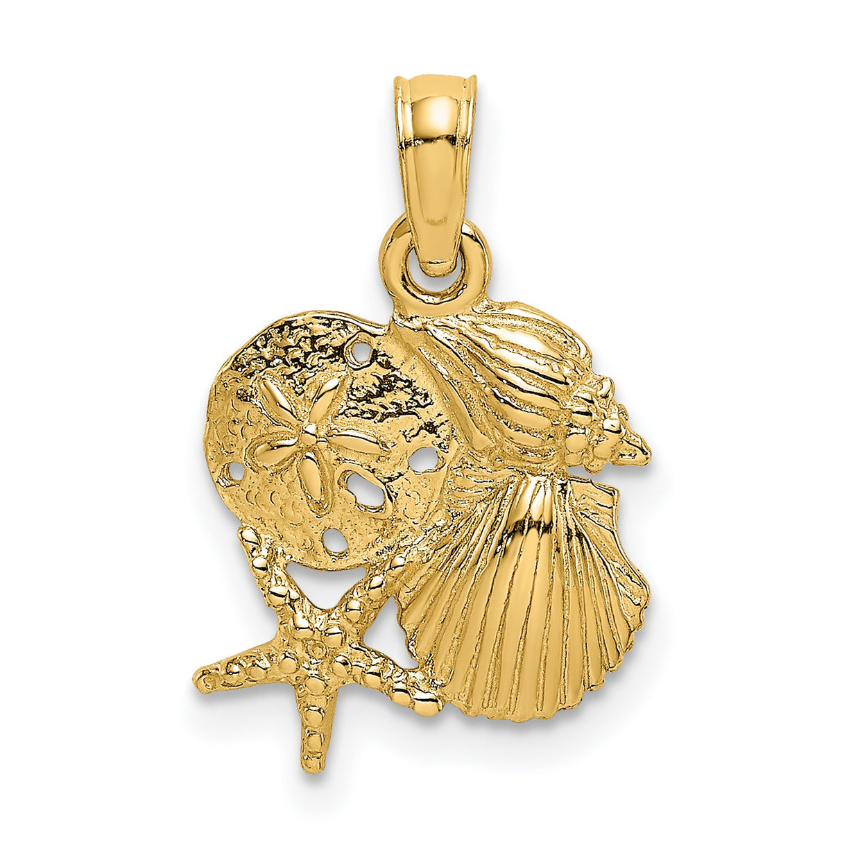 14k Yellow Gold Pendant with Sand Dollar, Starfish, and Seashell Charm, Nautical Beach Theme