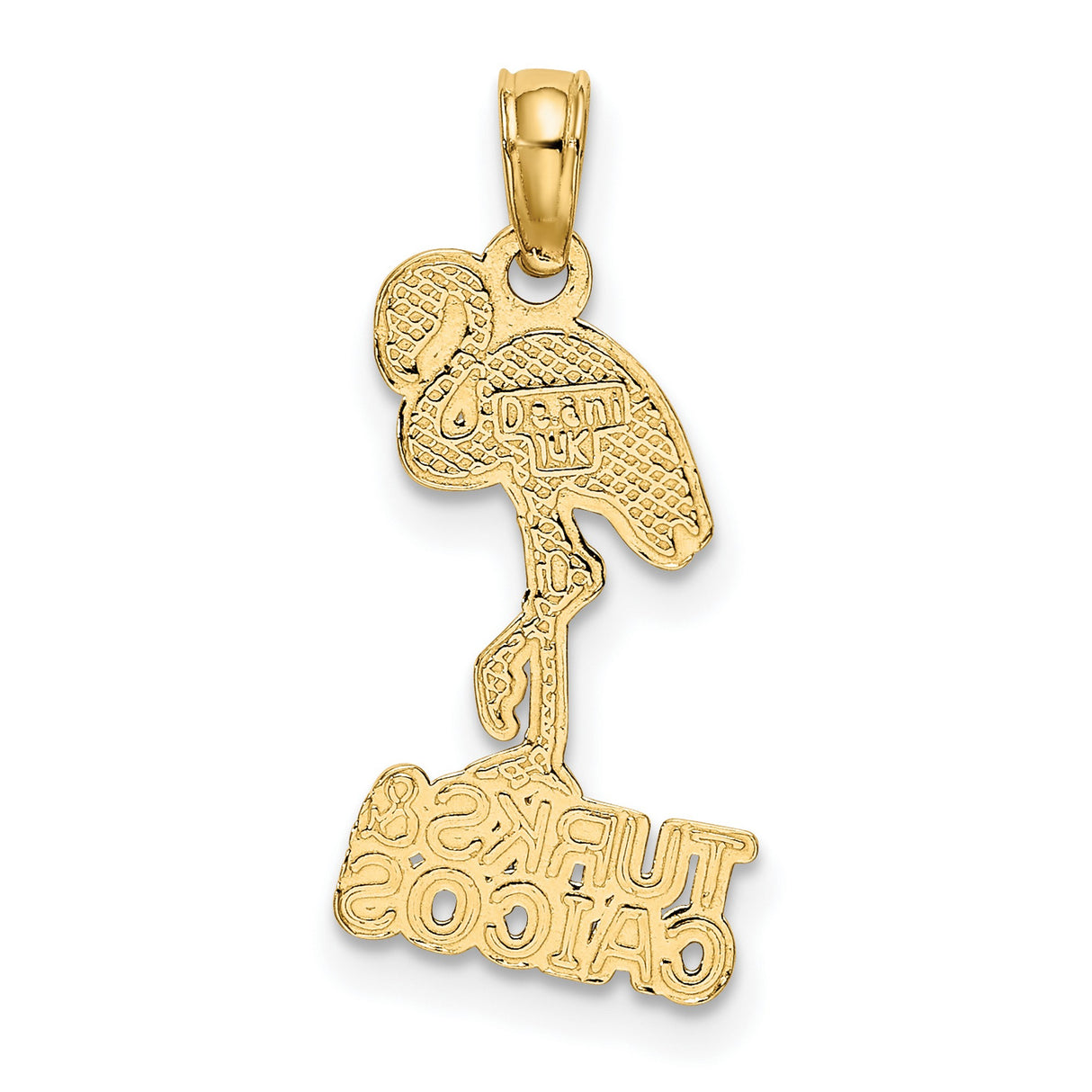 14k Yellow Gold Flamingo Pendant with Turks Caicos Text, Tropical Bird Charm