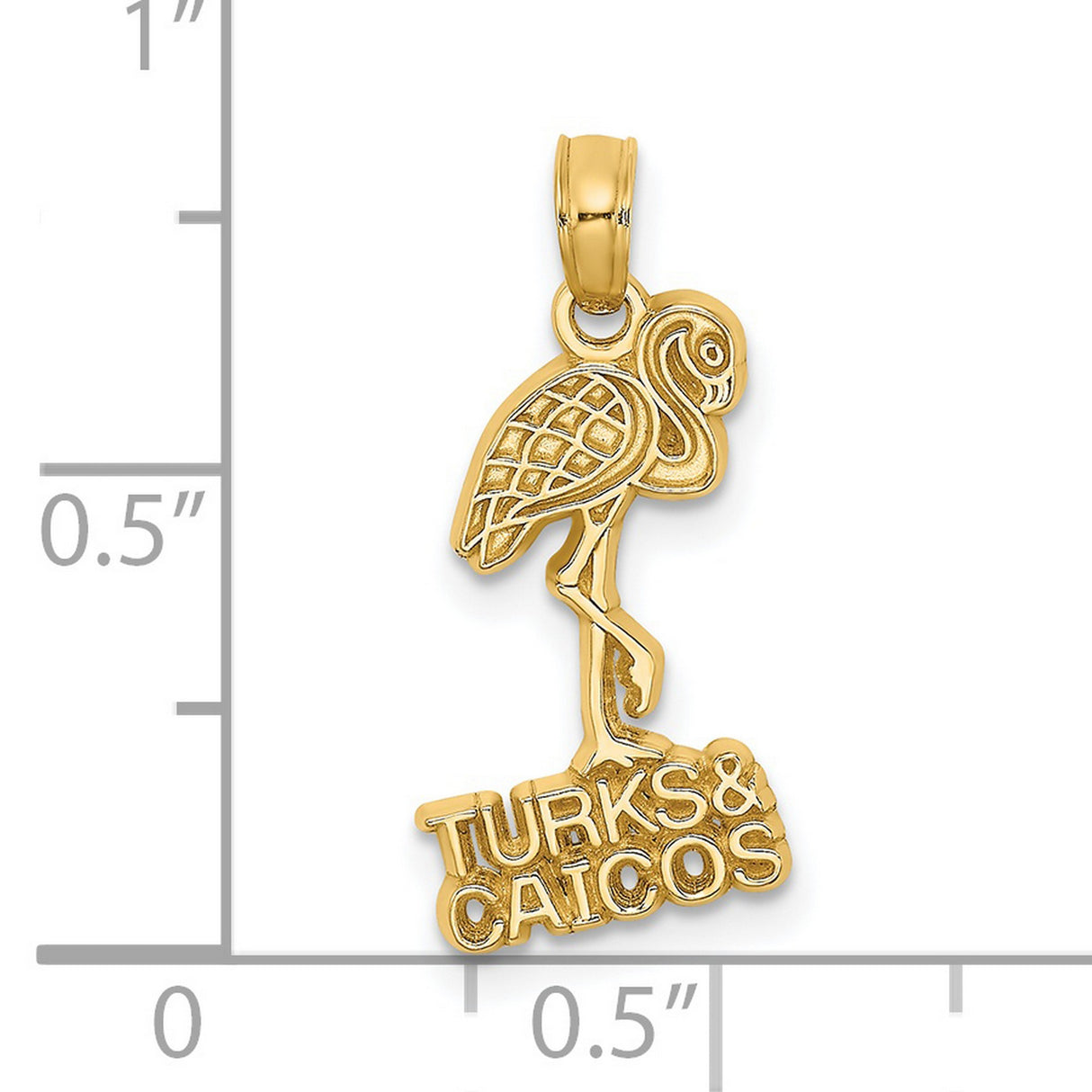 14k Yellow Gold Flamingo Pendant with Turks Caicos Text, Tropical Bird Charm