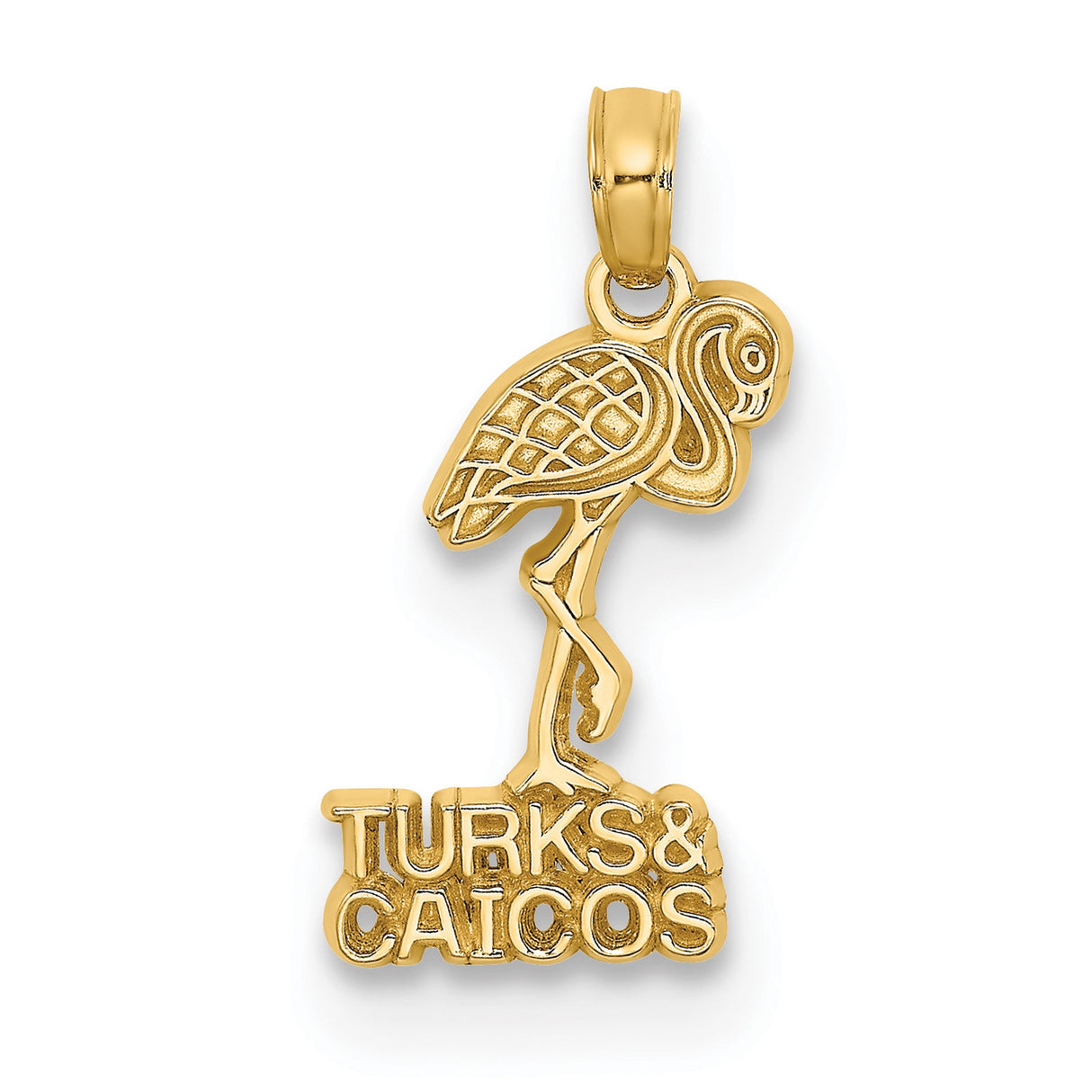 14k Yellow Gold Flamingo Pendant with Turks Caicos Text, Tropical Bird Charm