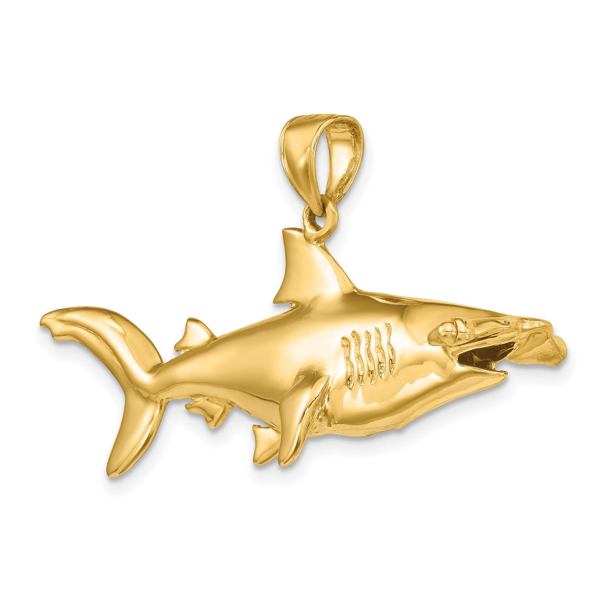 14k Yellow Gold Shark Pendant with Detailed Great White Design, Nautical Charm for Men or Unisex