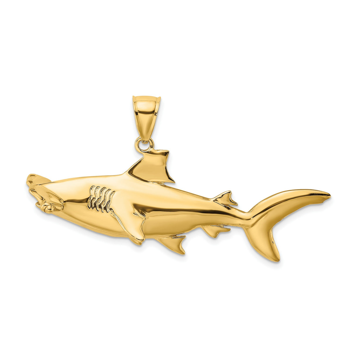 14k Yellow Gold Shark Pendant with Detailed Great White Design, Nautical Charm for Men or Unisex