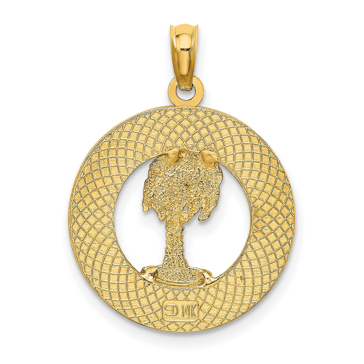 14k Yellow Gold Pendant with Palm Tree and Textured Border, Beaufort SC Charm