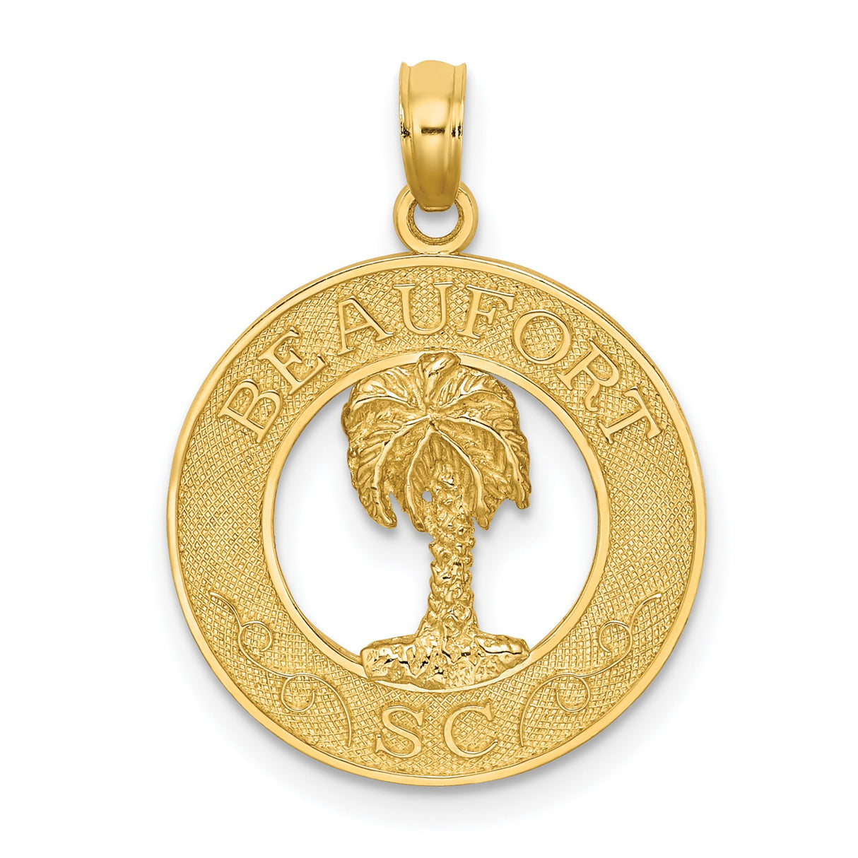 14k Yellow Gold Pendant with Palm Tree and Textured Border, Beaufort SC Charm