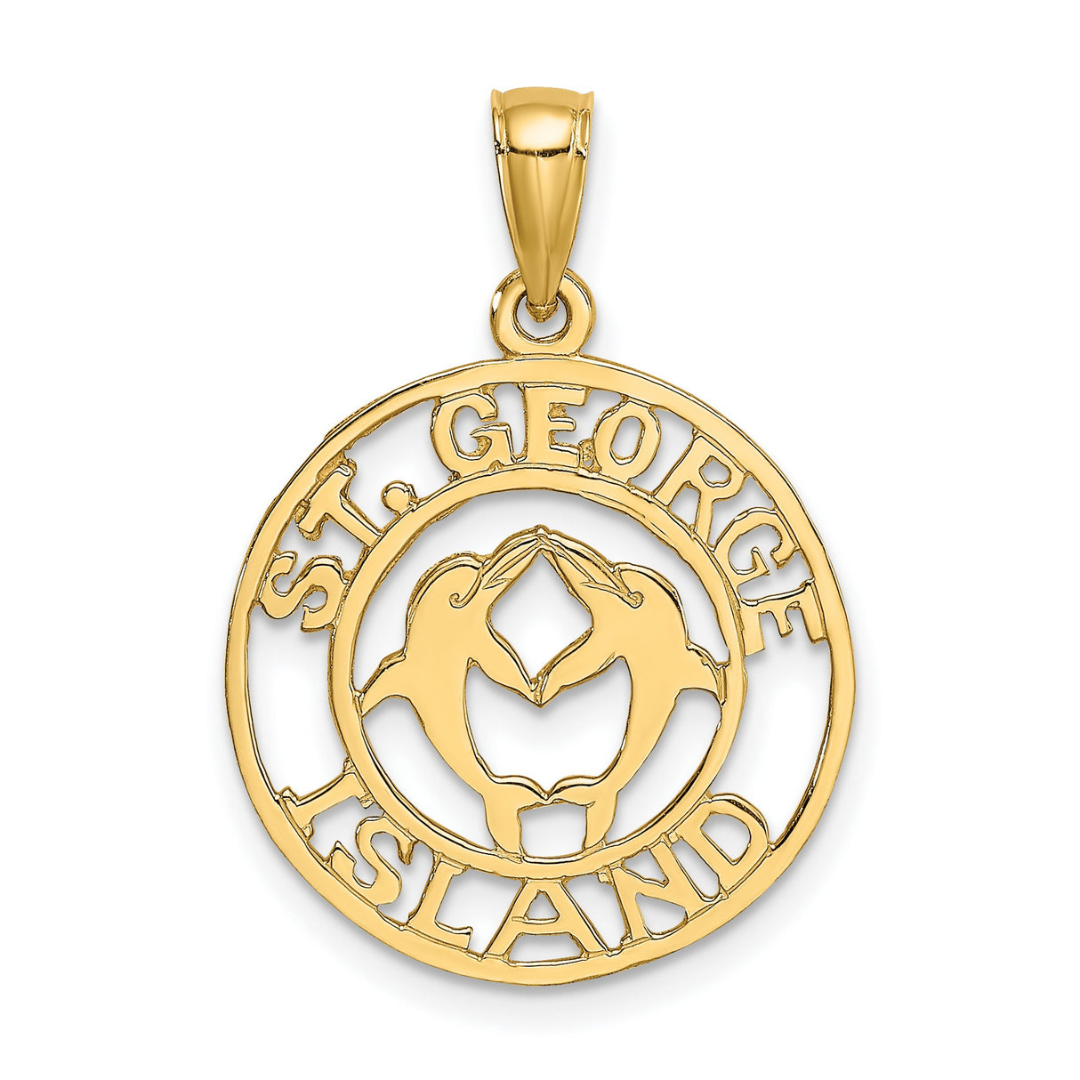 14k Yellow Gold St George Island Pendant with Heart-Shaped Dolphin Design