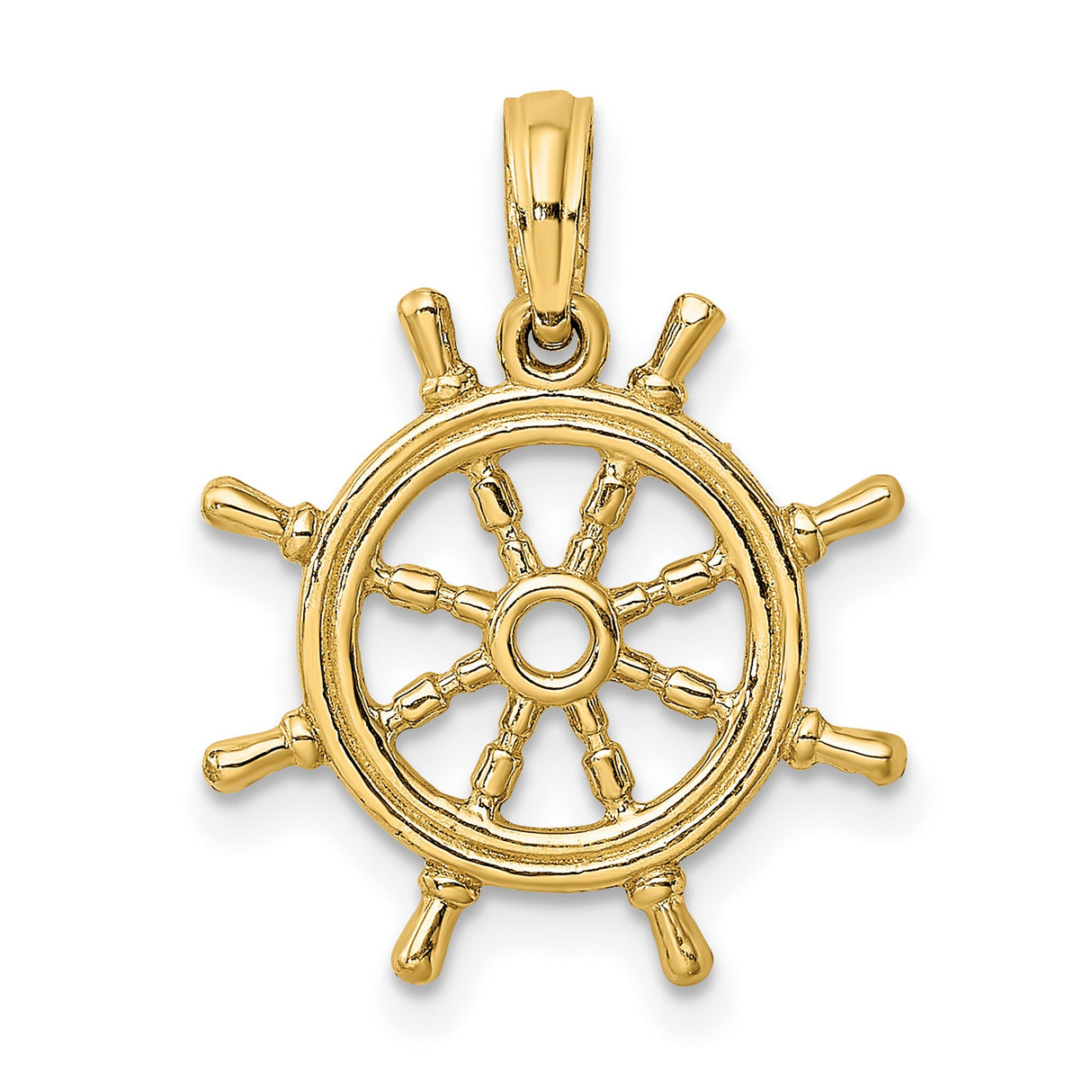 14k Yellow Gold Ship Wheel Pendant, Nautical Maritime Charm with Detailed Helm Design for Men or Unisex