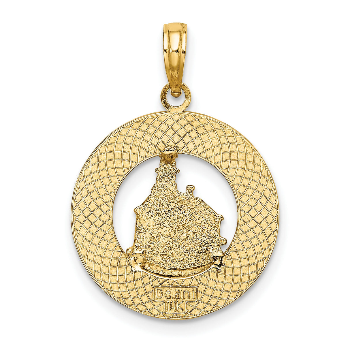 14k Yellow Gold Block Island Pendant with Circular Landmark Frame, Nautical Travel Theme