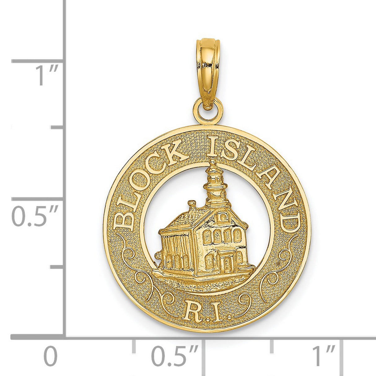 14k Yellow Gold Block Island Pendant with Circular Landmark Frame, Nautical Travel Theme