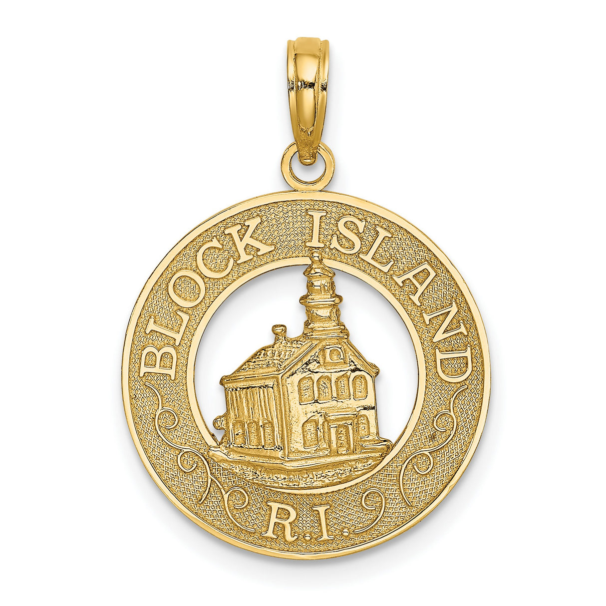 14k Yellow Gold Block Island Pendant with Circular Landmark Frame, Nautical Travel Theme