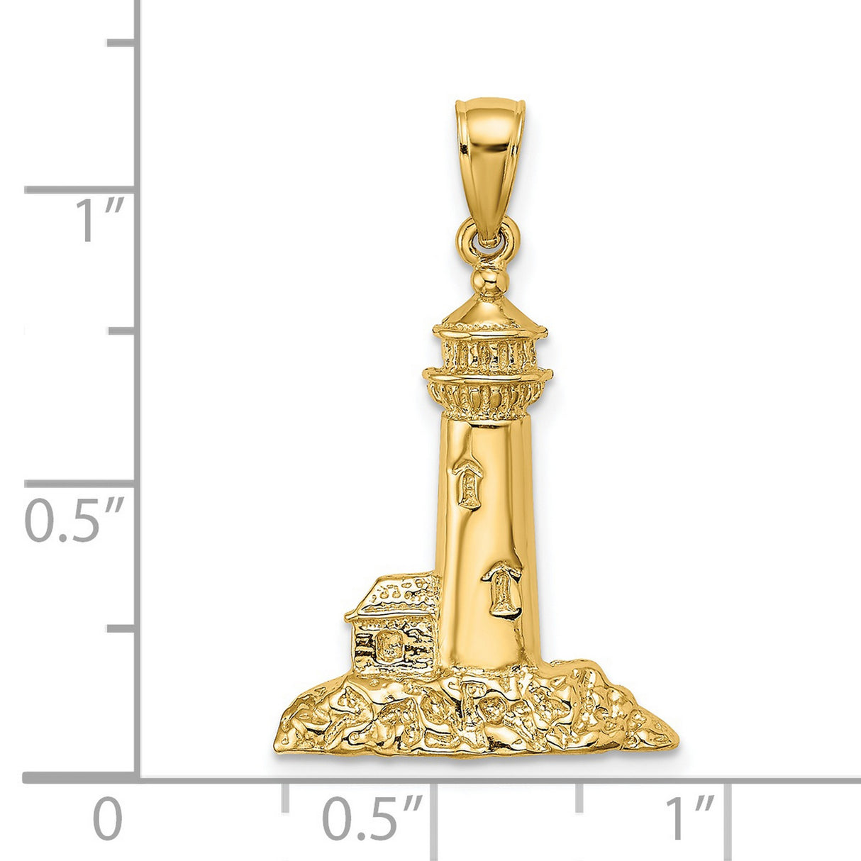 14k Yellow Gold Lighthouse Pendant with Cottage and Rocky Coast, Nautical Coastal Scene Charm