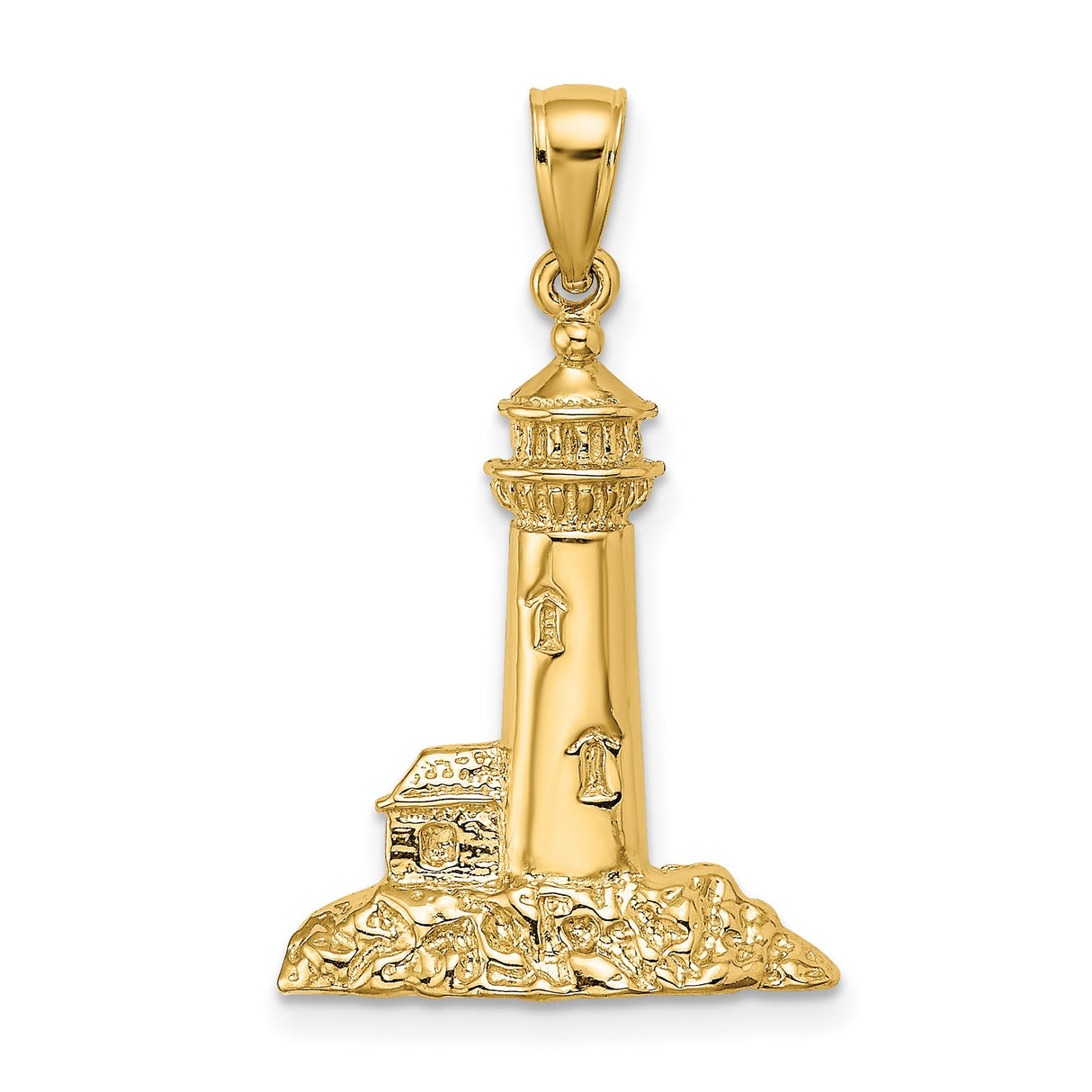 14k Yellow Gold Lighthouse Pendant with Cottage and Rocky Coast, Nautical Coastal Scene Charm
