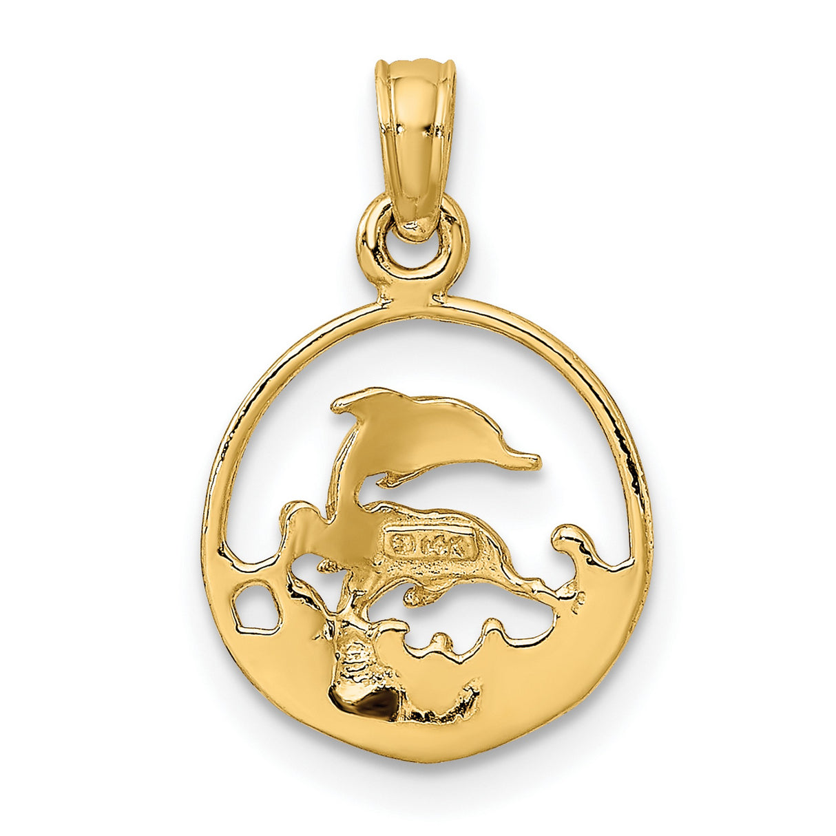 14k Yellow Gold Circle Pendant with Jumping Dolphins and Ocean Wave Design