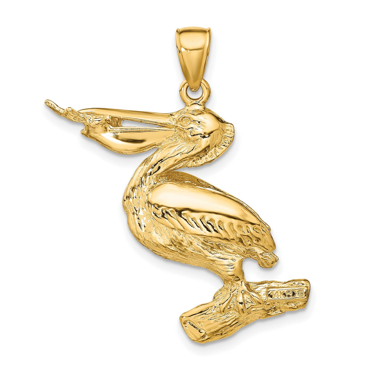 14k Yellow Gold Pelican Pendant with Fish, Nautical Coastal Wildlife Charm