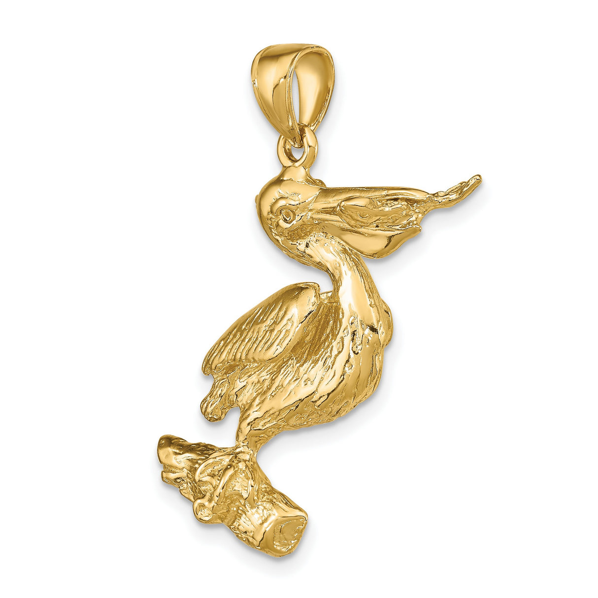 14k Yellow Gold Pelican Pendant with Fish, Nautical Coastal Wildlife Charm