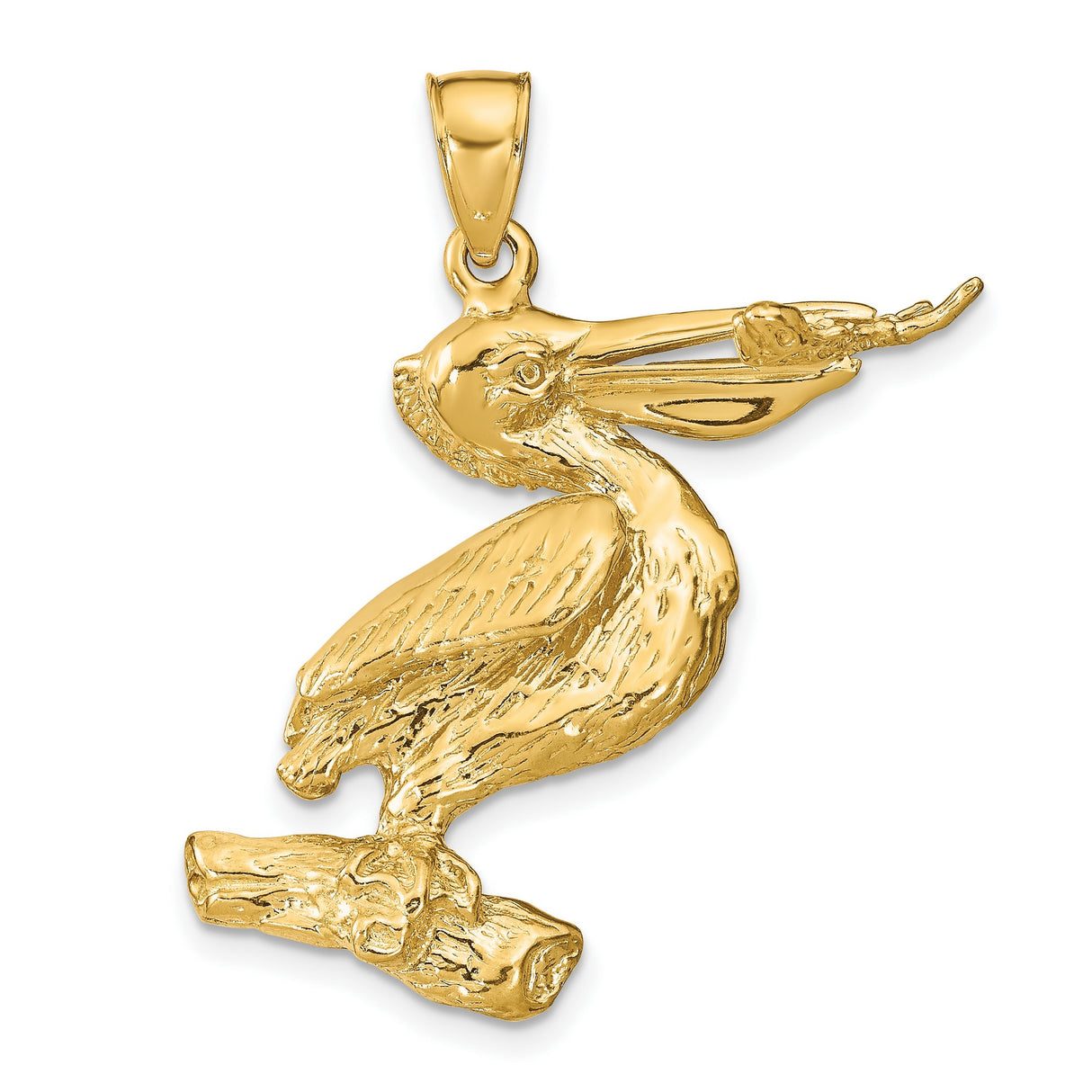 14k Yellow Gold Pelican Pendant with Fish, Nautical Coastal Wildlife Charm