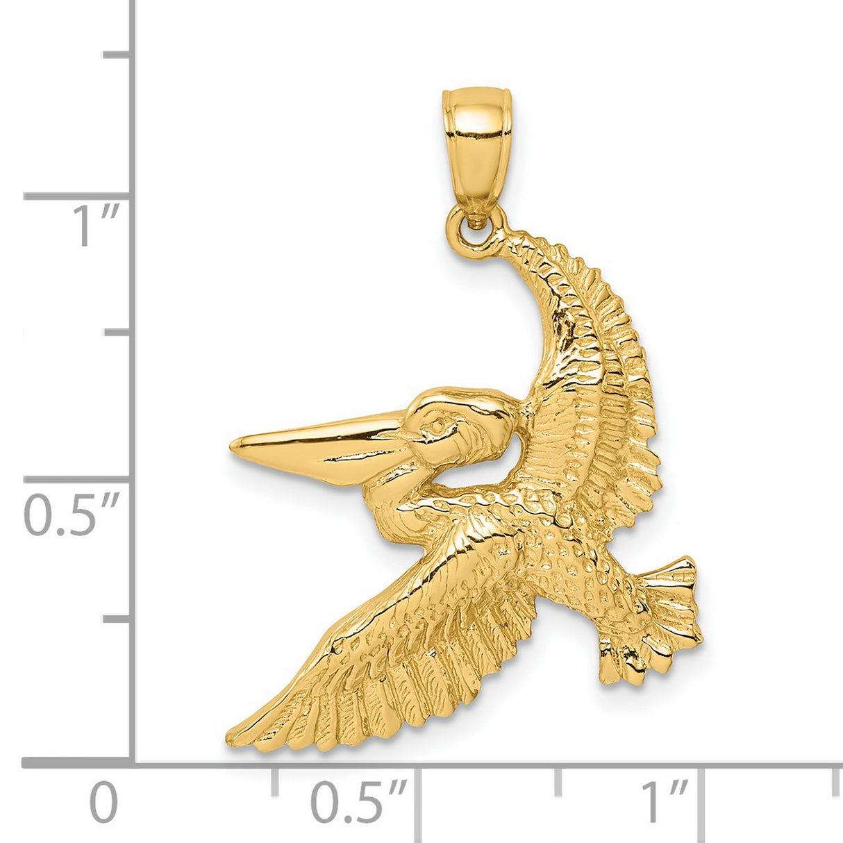 14k Yellow Gold Flying Pelican Pendant, Nautical Bird Charm with Feather and Beak Detail
