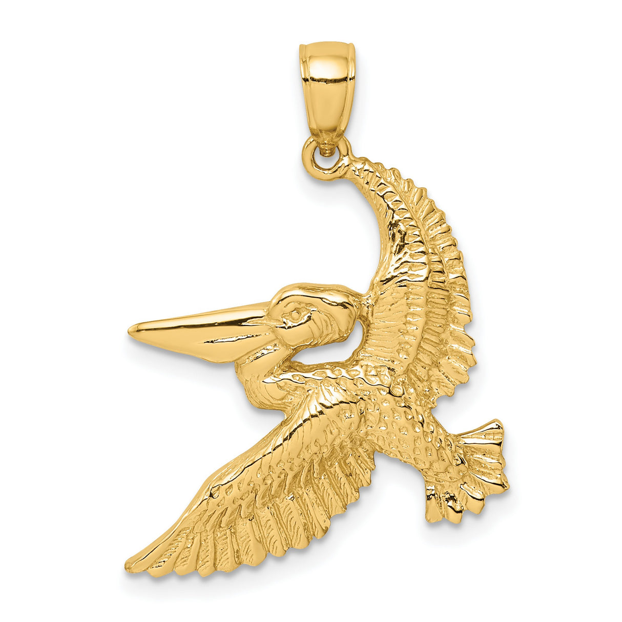 14k Yellow Gold Flying Pelican Pendant, Nautical Bird Charm with Feather and Beak Detail