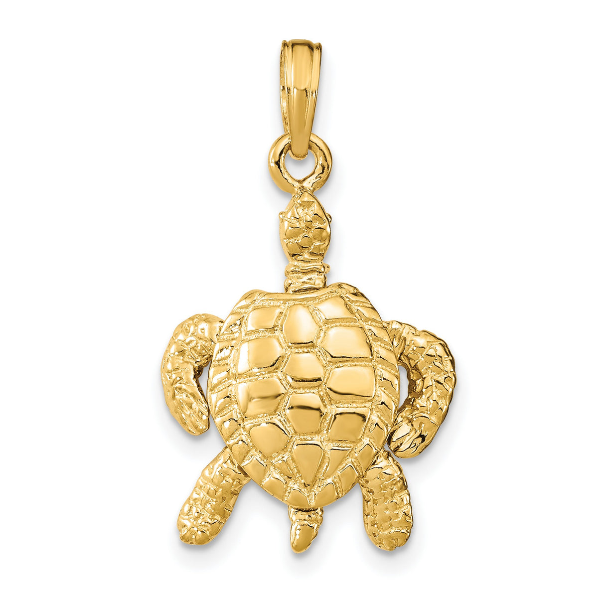14k Yellow Gold Sea Turtle Pendant with Textured Shell and Flippers, Ocean-Inspired Jewelry Charm