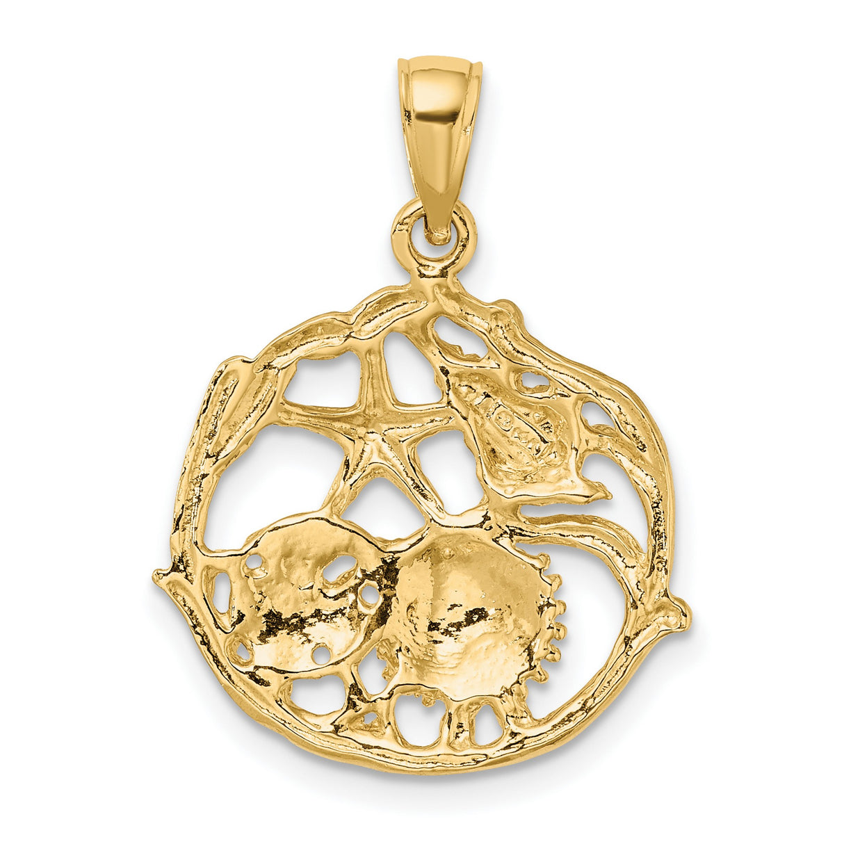 14k Yellow Gold Sea Life Pendant with Starfish, Seashells, and Crab Charm