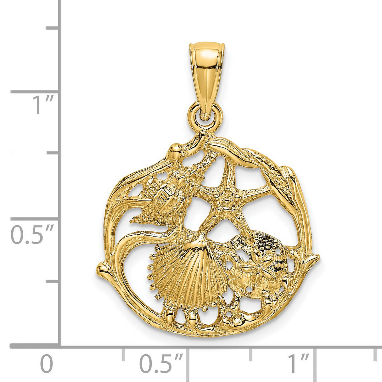 14k Yellow Gold Sea Life Pendant with Starfish, Seashells, and Crab Charm