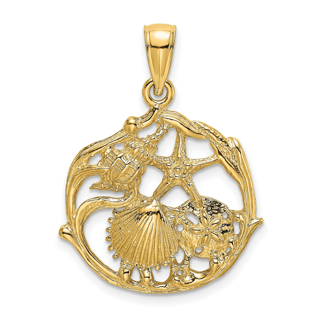 14k Yellow Gold Sea Life Pendant with Starfish, Seashells, and Crab Charm
